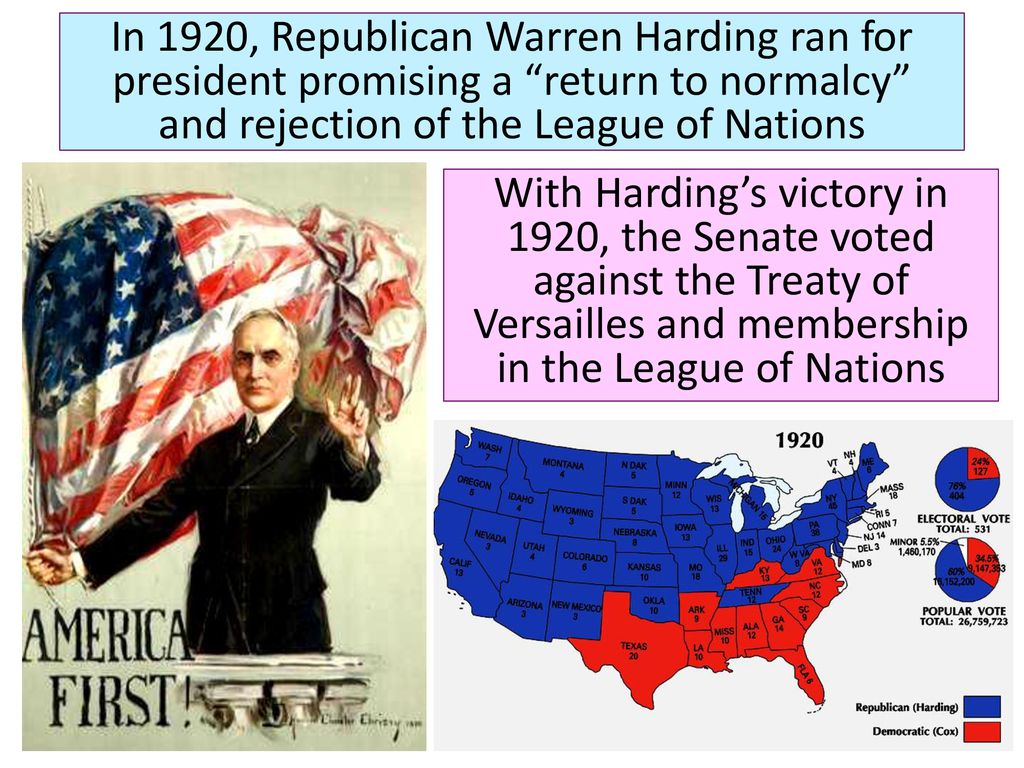 In 1920, Republican Warren Harding ran for president promising a return to normalcy and rejection of the League of Nations
