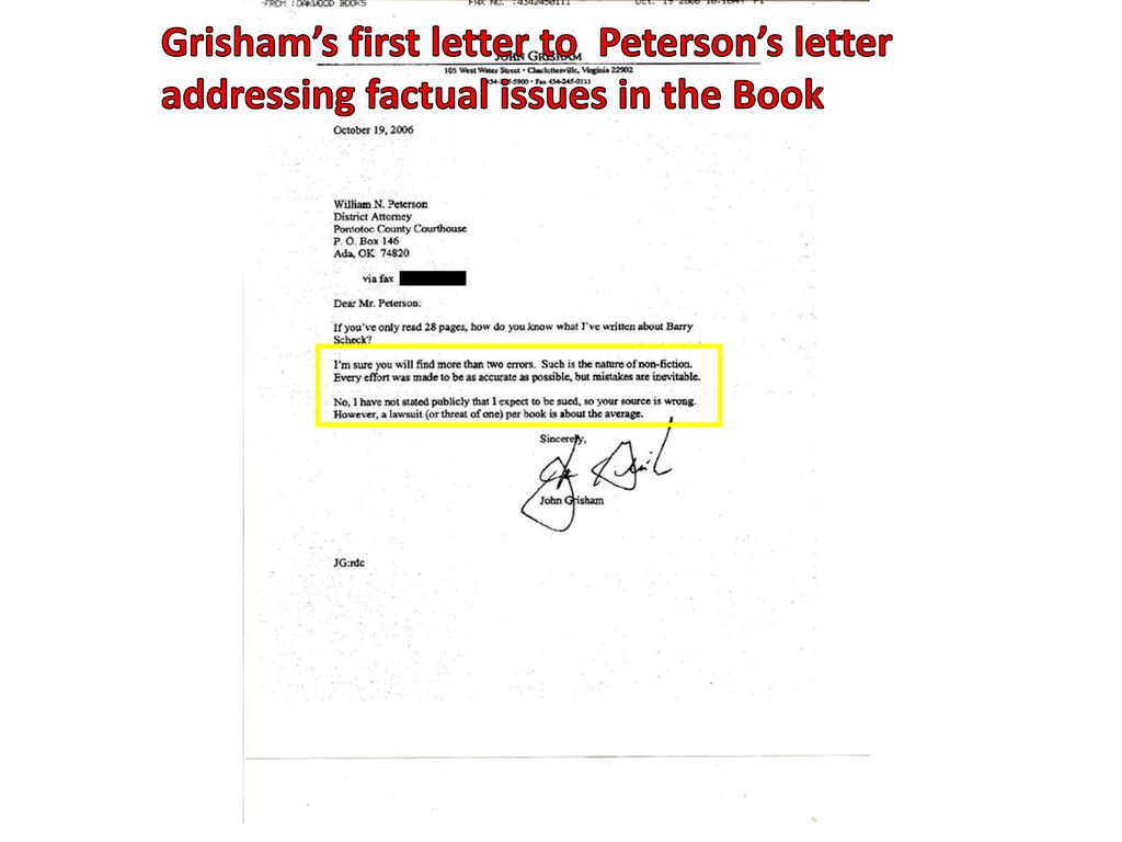 Grisham’s first letter to Peterson’s letter addressing factual issues in the Book