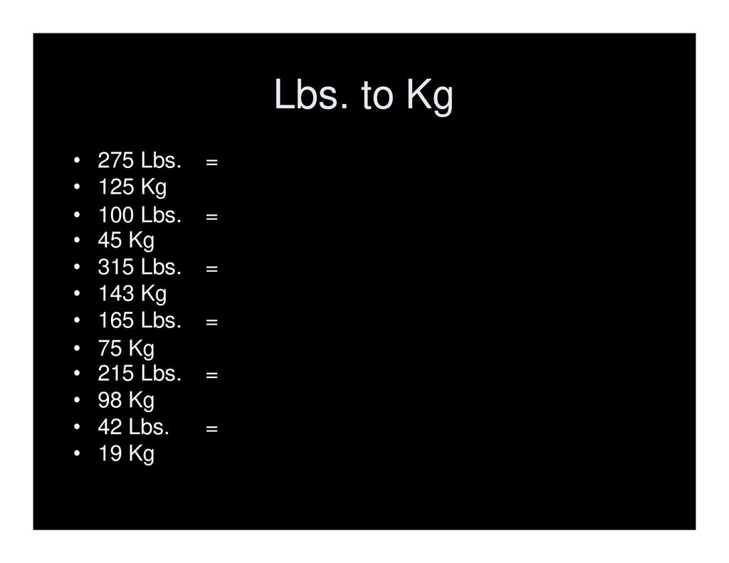 Lbs. to Kg 275 Lbs. = 