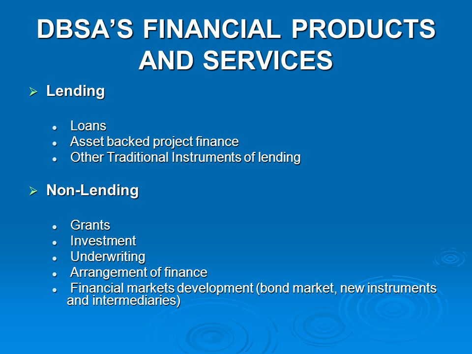 DBSA’S FINANCIAL PRODUCTS AND SERVICES