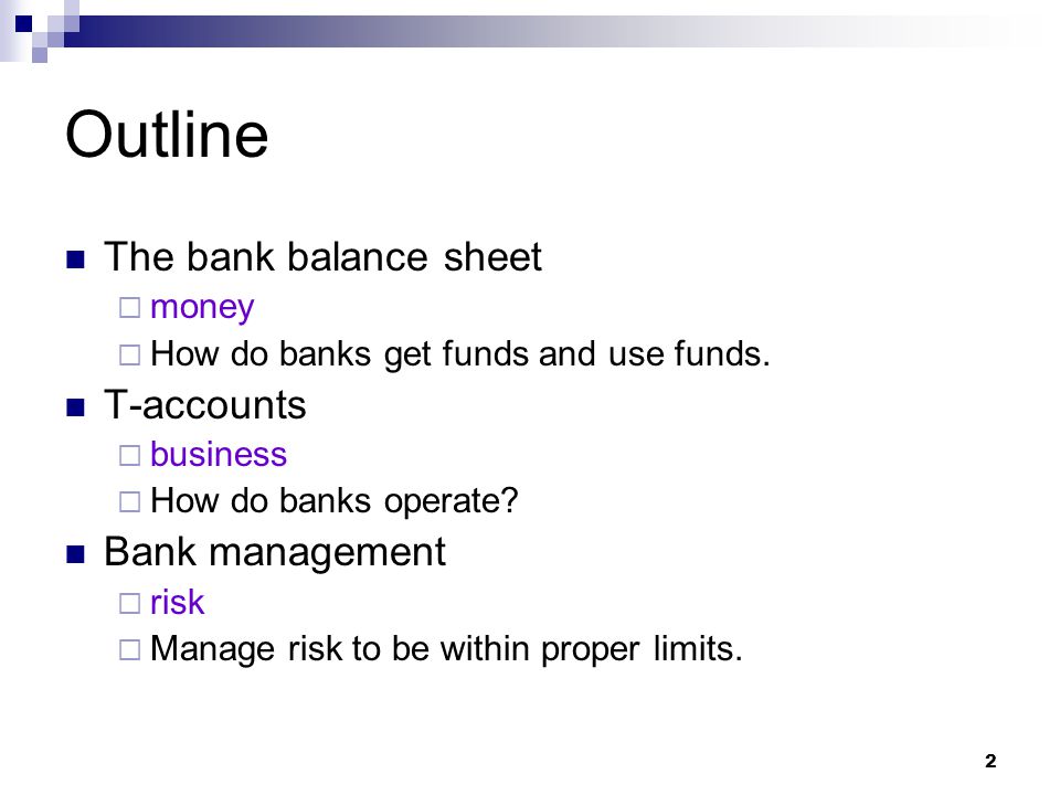 Outline The bank balance sheet T-accounts Bank management money