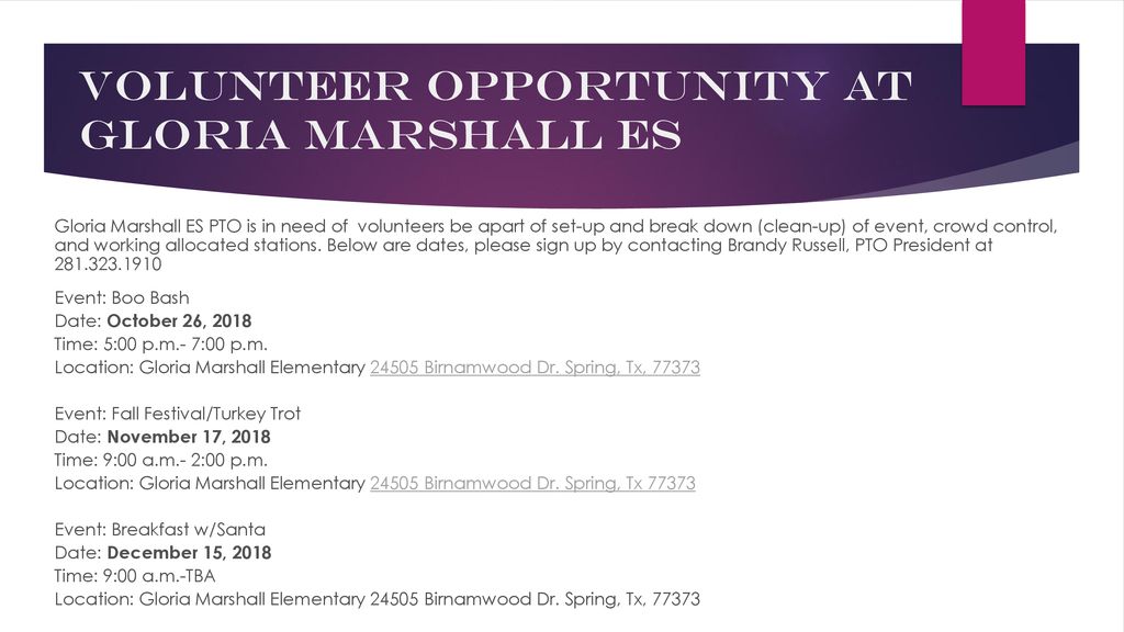 Volunteer Opportunity at Gloria Marshall ES