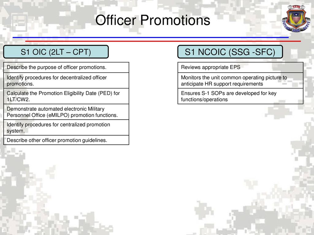 Officer Promotions Officer promotions are a critical EPS responsibility of the S1 section at