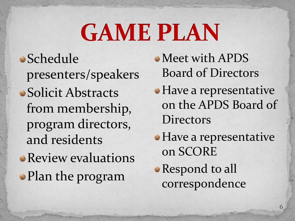 GAME PLAN Schedule presenters/speakers