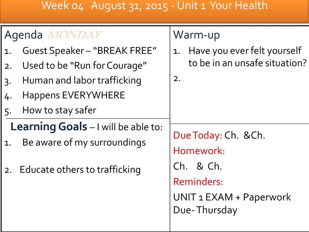 Week 04 August 31, Unit 1 Your Health - Ppt Download