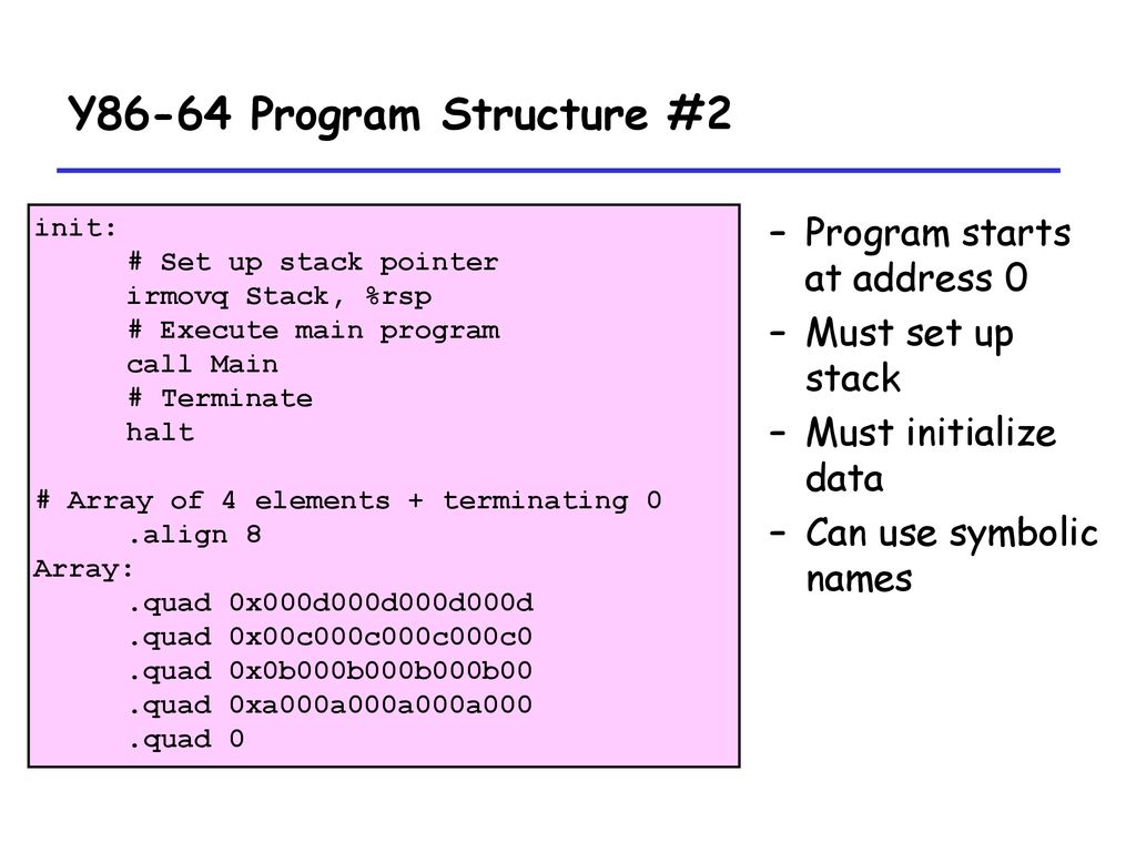 Y86-64 Program Structure #2 Program starts at address 0