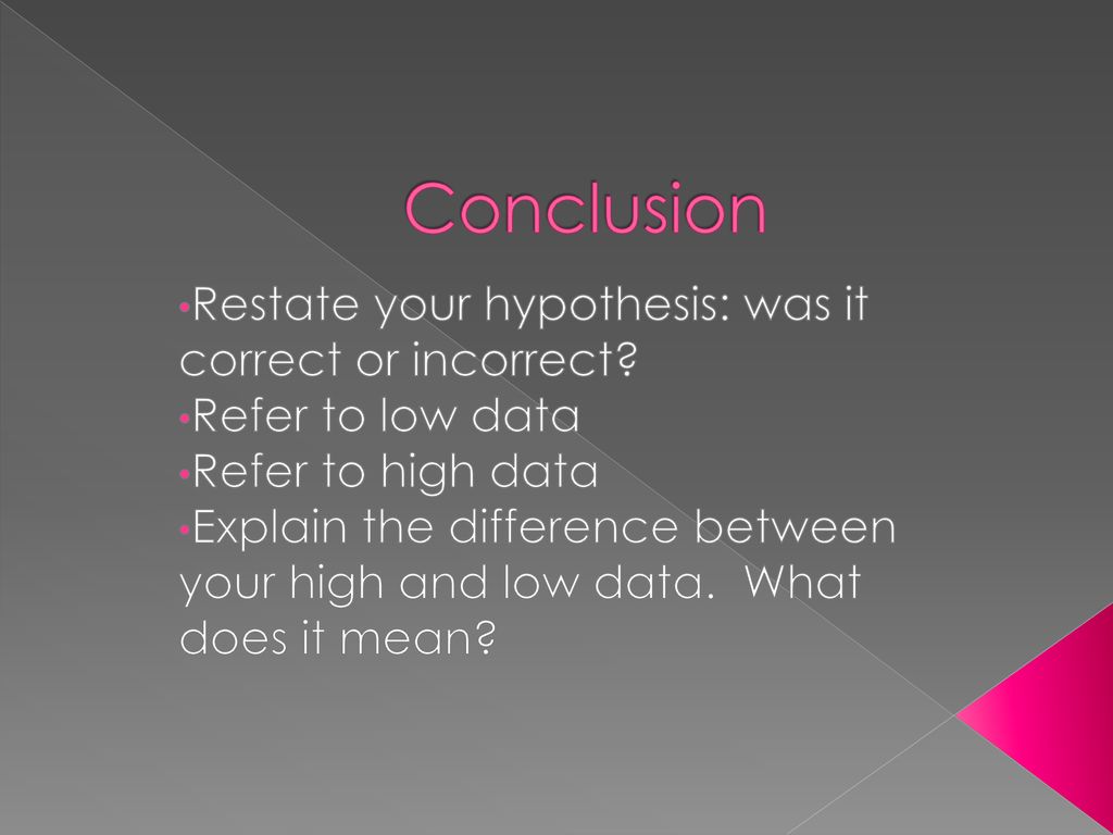 Conclusion Restate your hypothesis: was it correct or incorrect