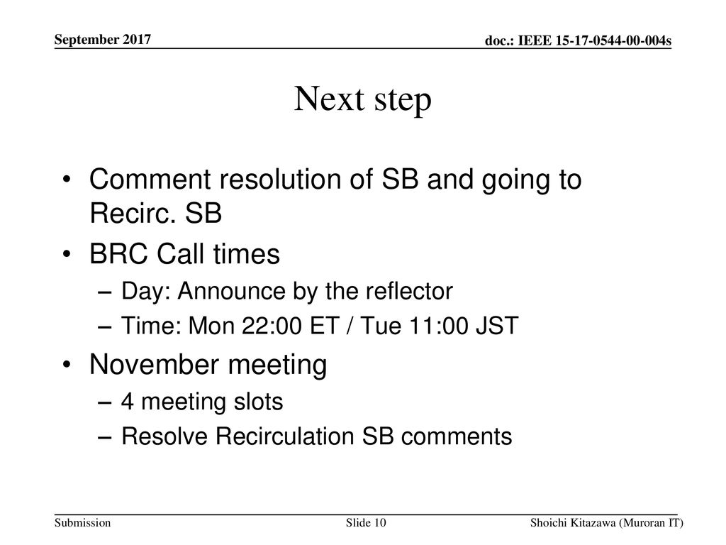 Next step Comment resolution of SB and going to Recirc. SB