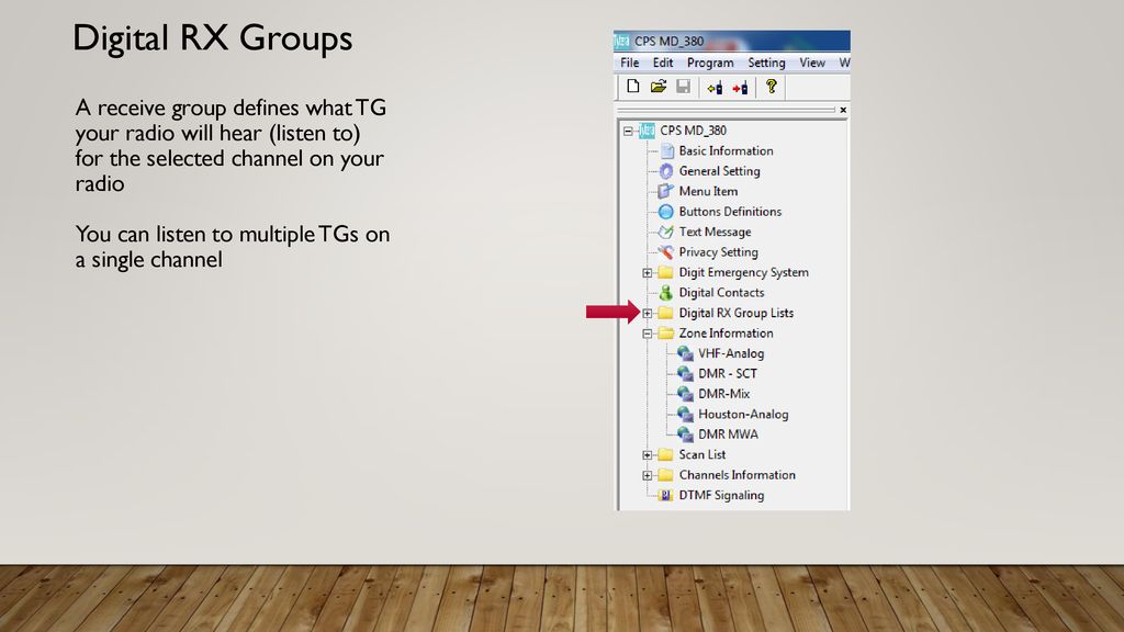 Digital RX Groups A receive group defines what TG your radio will hear (listen to) for the selected channel on your radio.