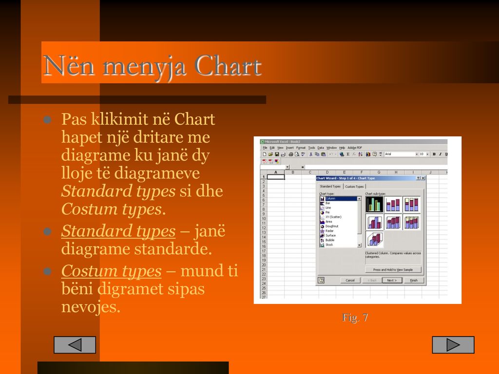 Nën menyja Chart Pas klikimit në Chart hapet një dritare me diagrame ku janë dy lloje të diagrameve Standard types si dhe Costum types.