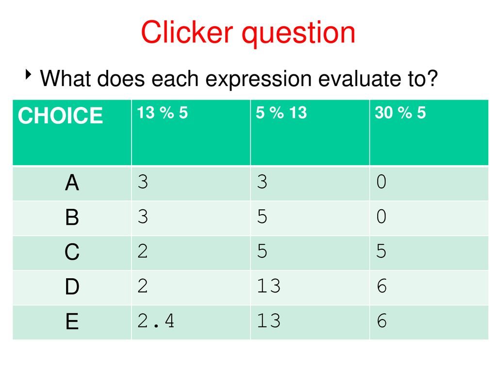 Clicker question What does each expression evaluate to CHOICE A 3 B 5