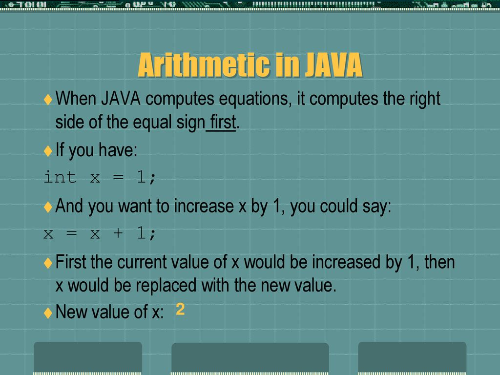 Arithmetic in JAVA When JAVA computes equations, it computes the right side of the equal sign first.