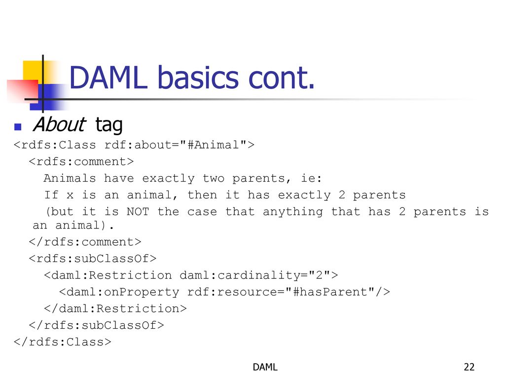 DAML basics cont. About tag <rdfs:Class rdf:about= #Animal >