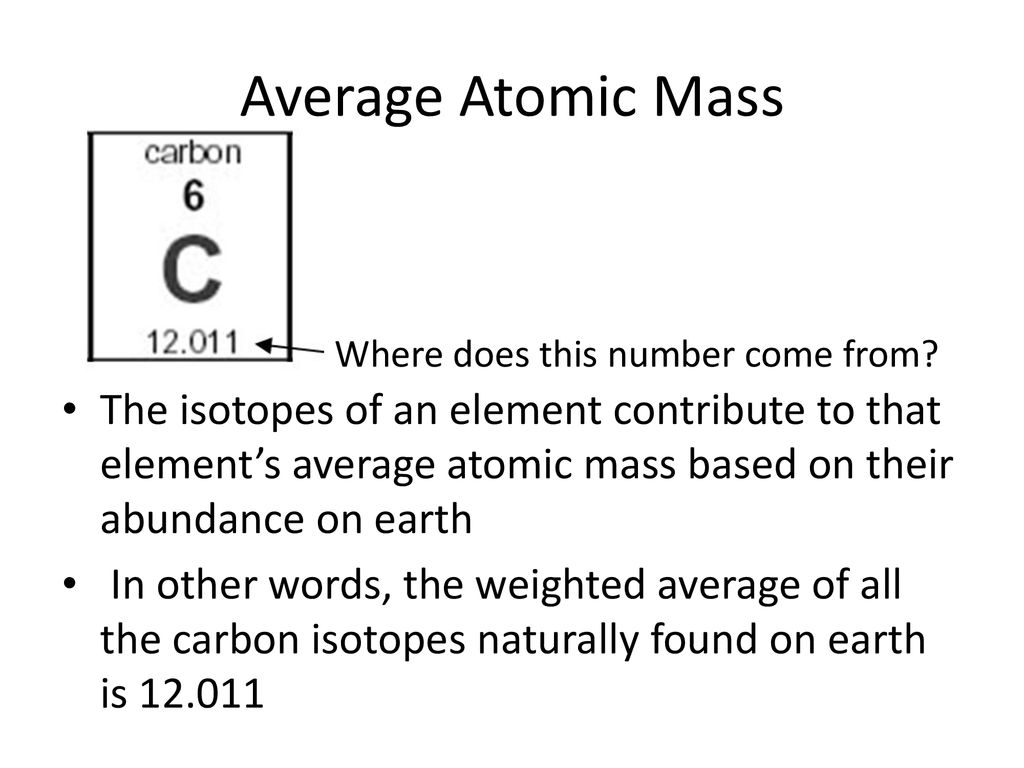 Average Atomic Mass The isotopes of an element contribute to that element’s average atomic mass based on their abundance on earth.