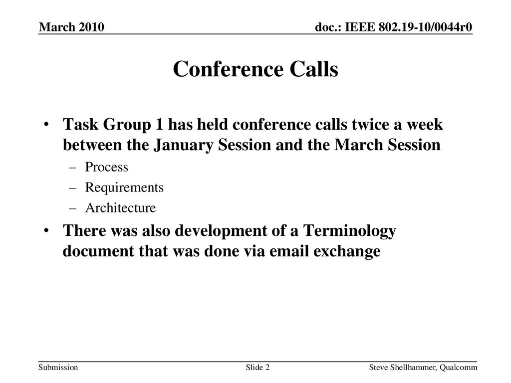 March 2010 Conference Calls. Task Group 1 has held conference calls twice a week between the January Session and the March Session.