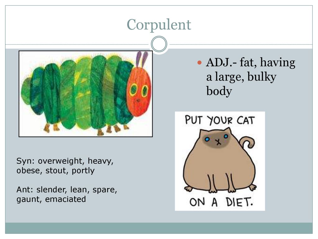 Corpulent ADJ.- fat, having a large, bulky body
