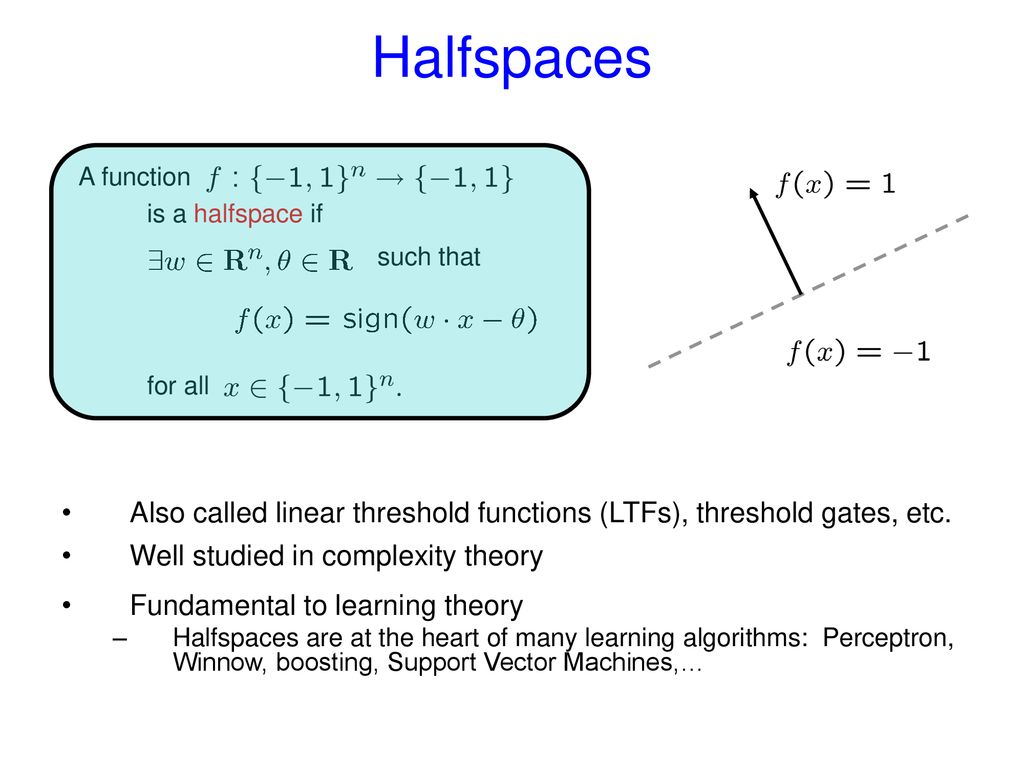 Halfspaces A function is a halfspace if. such that. for all.
