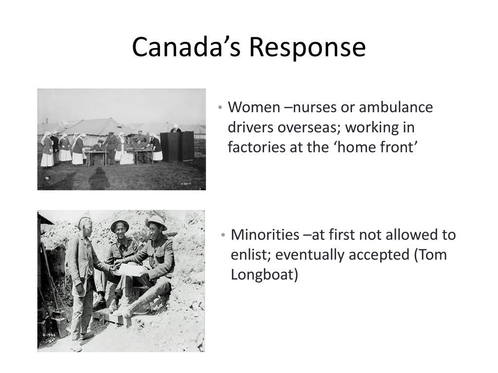 Canada’s Response Women –nurses or ambulance drivers overseas; working in factories at the ‘home front’