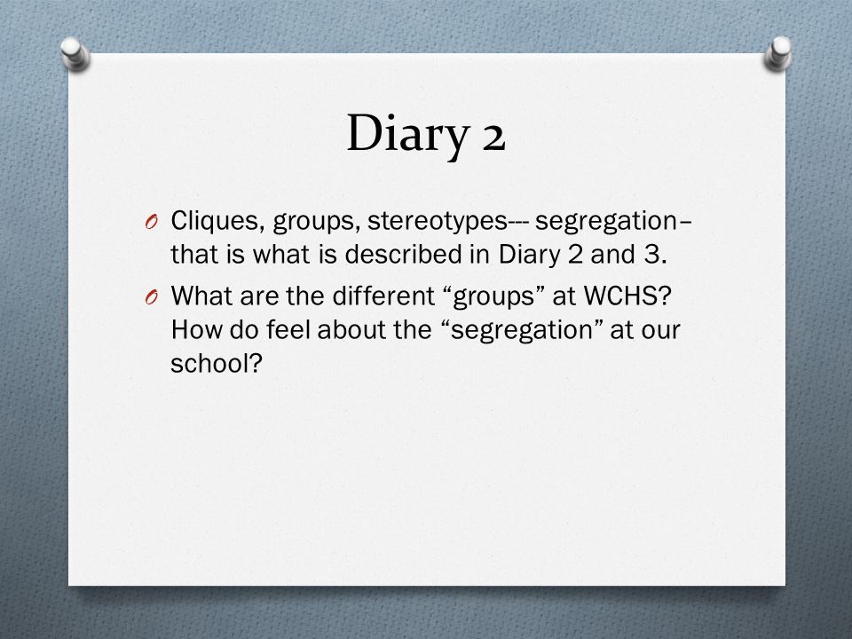 Diary 2 Cliques, groups, stereotypes--- segregation– that is what is described in Diary 2 and 3.