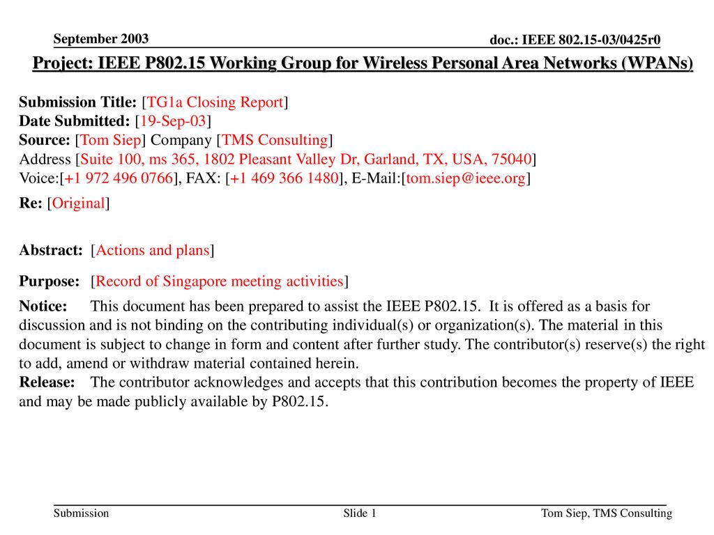 September 2003 doc.: IEEE r0. September Project: IEEE P Working Group for Wireless Personal Area Networks (WPANs)