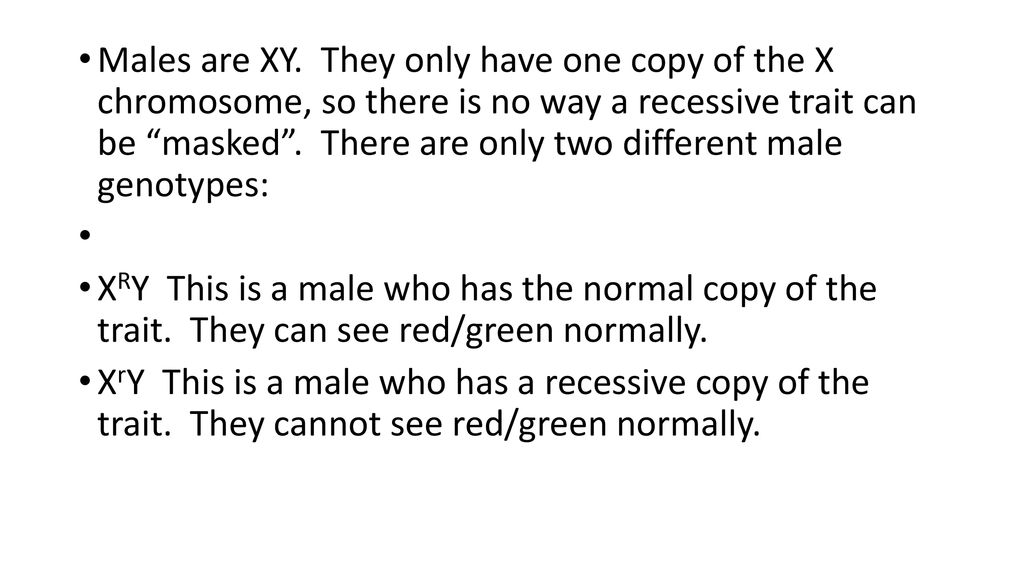 Males are XY. They only have one copy of the X chromosome, so there is no way a recessive trait can be masked . There are only two different male genotypes: