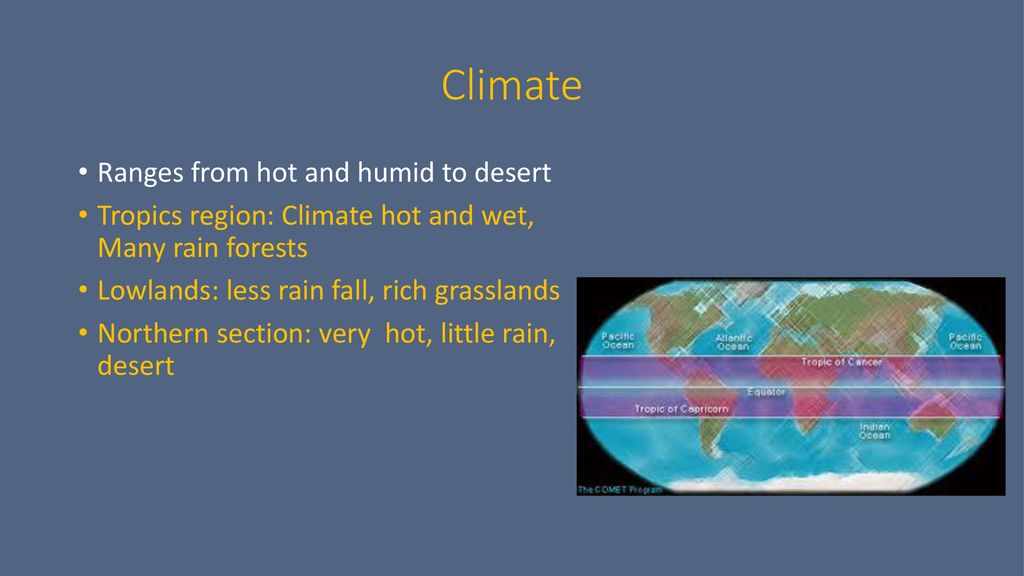 Climate Ranges from hot and humid to desert