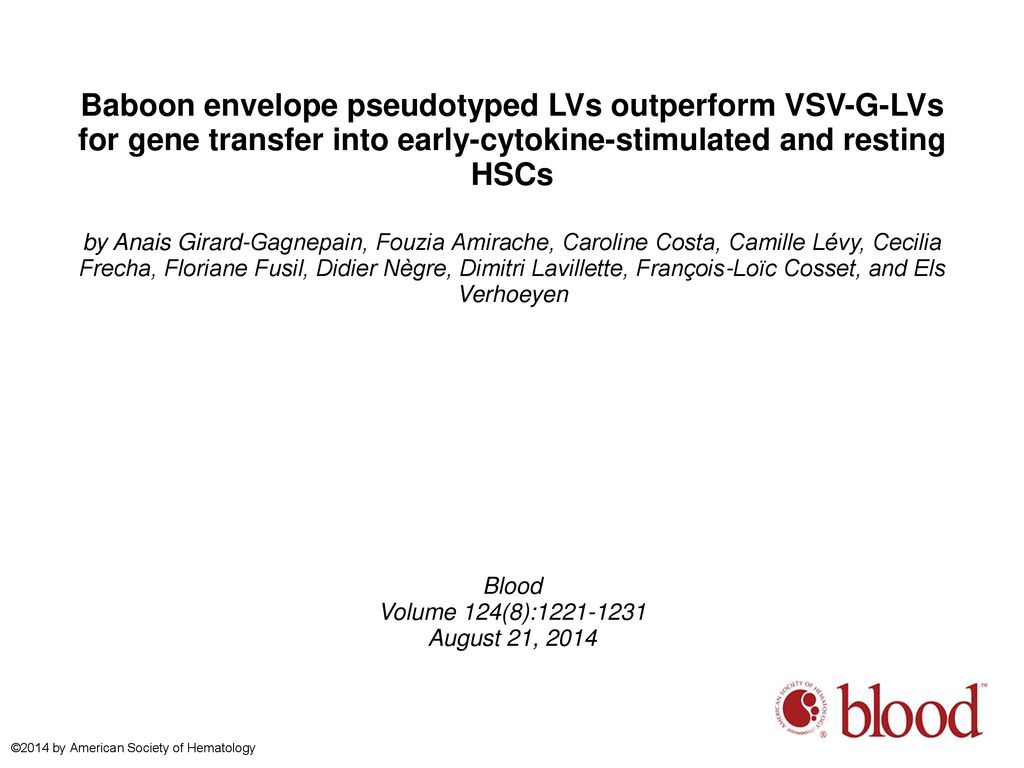 Baboon Envelope Pseudotyped Lvs Outperform Vsv G Lvs For Gene Transfer Into Early Cytokine Stimulated And Resting Hscs By Anais Girard Gagnepain Fouzia Ppt Download