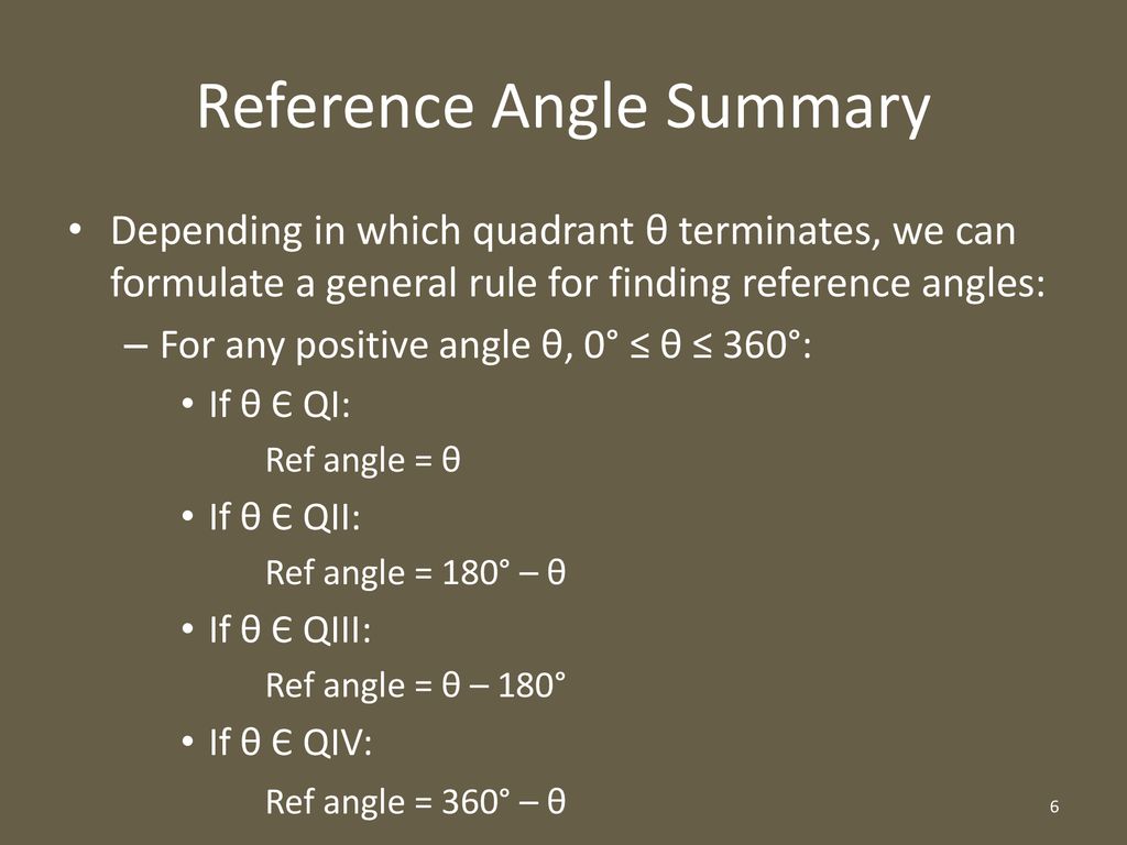 Reference Angle Reference angle: the positive acute angle that lies ...