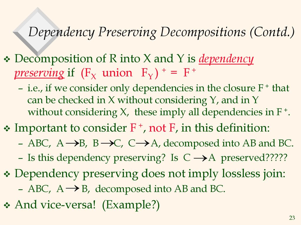 Dependency Preserving Decompositions (Contd.)