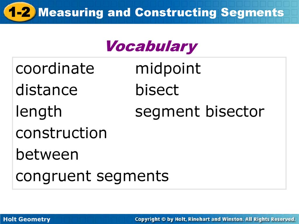 Vocabulary coordinate midpoint. distance bisect. length segment bisector. construction. between.