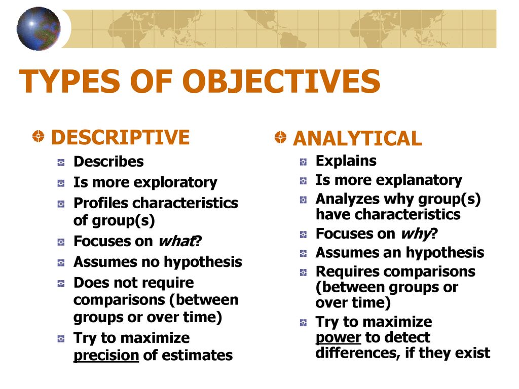 TYPES OF OBJECTIVES DESCRIPTIVE ANALYTICAL Describes Explains