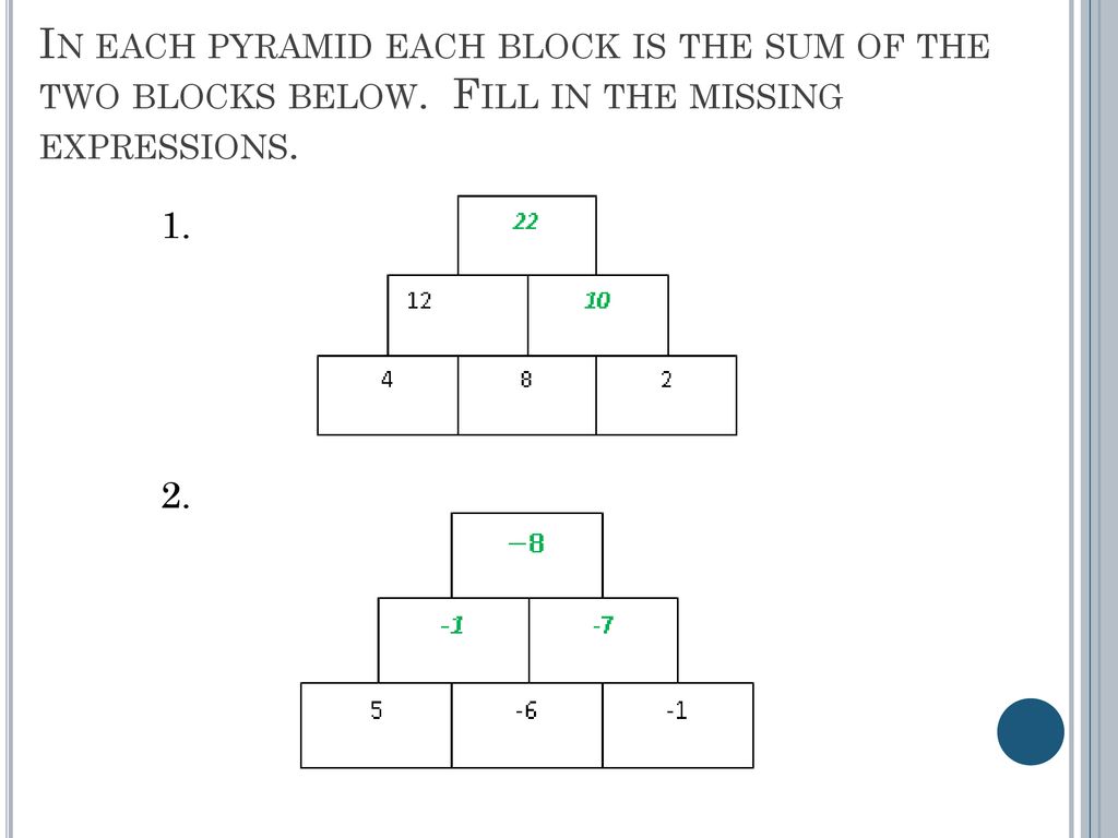 In each pyramid each block is the sum of the two blocks below
