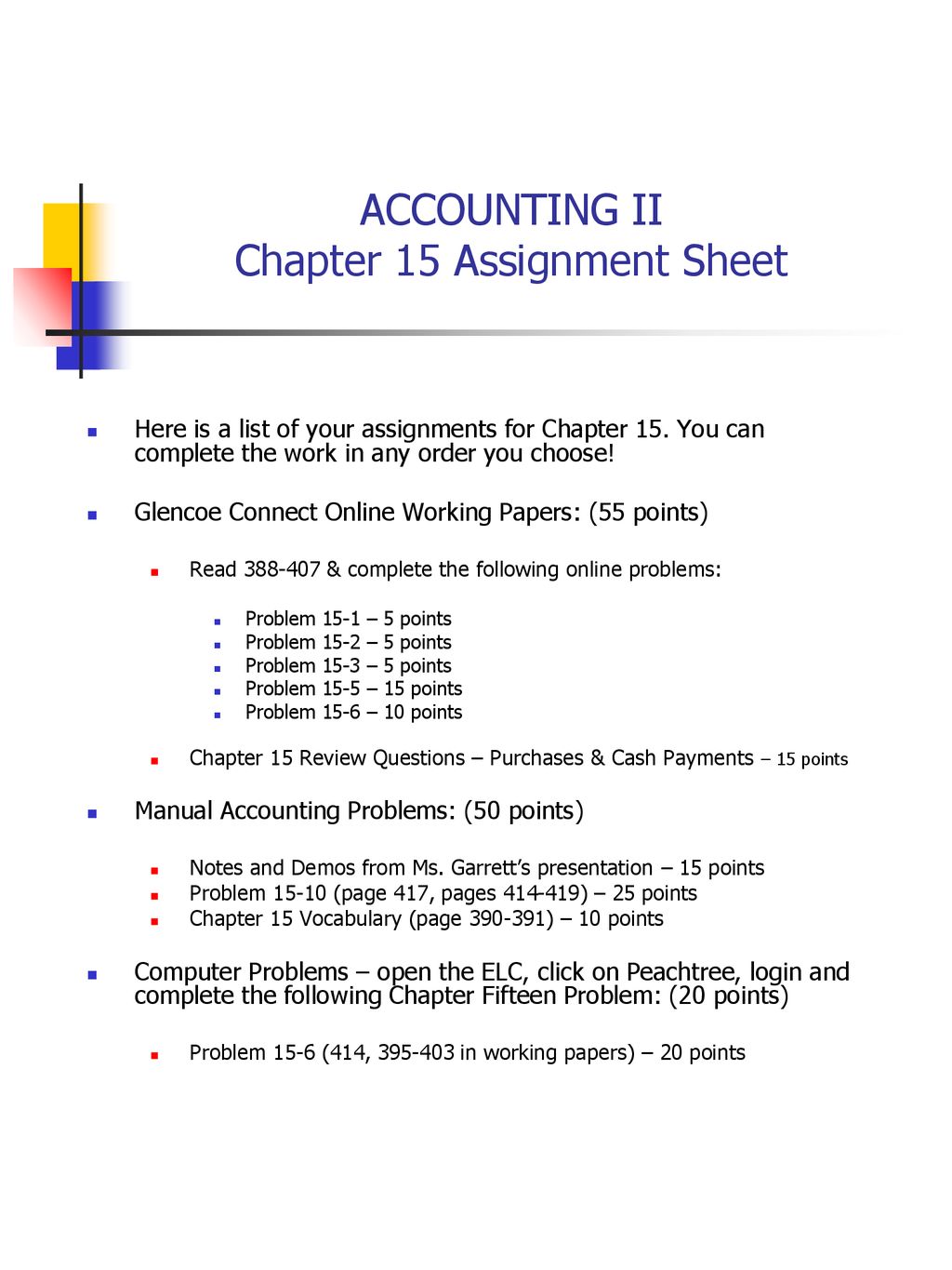 ACCOUNTING II Chapter 15 Assignment Sheet