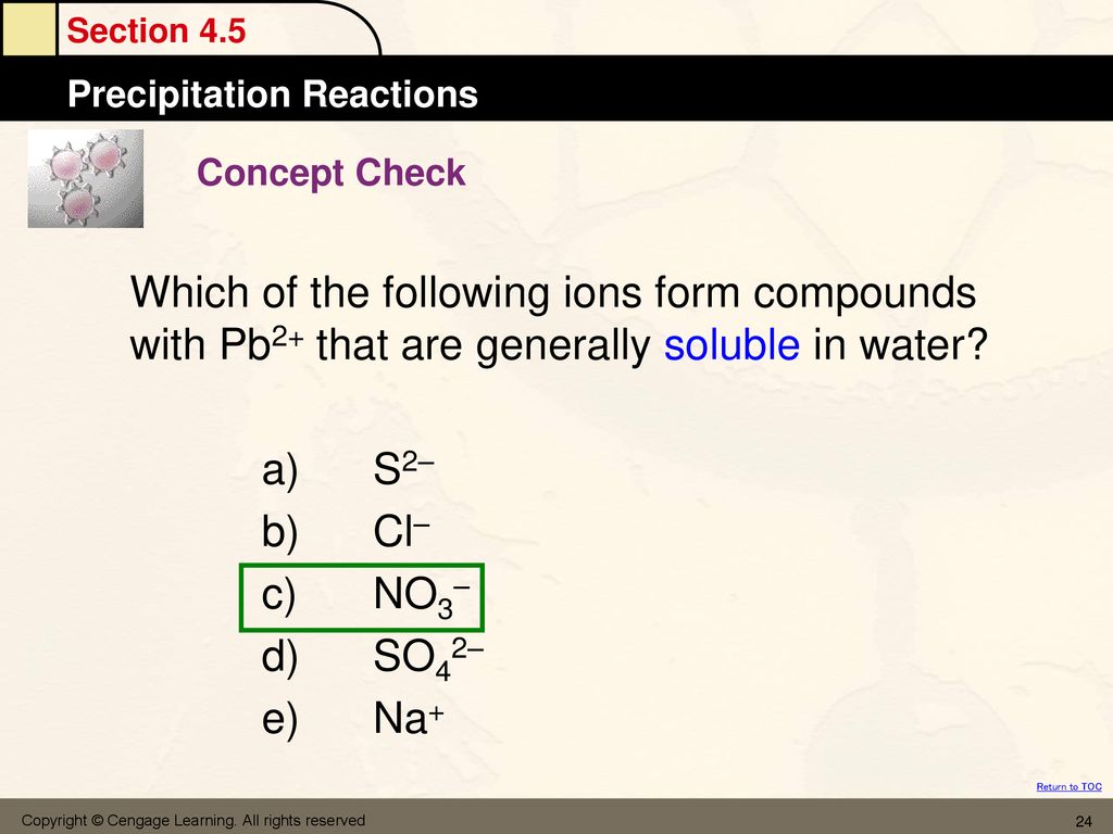 Concept Check Which of the following ions form compounds with Pb2+ that are generally soluble in water