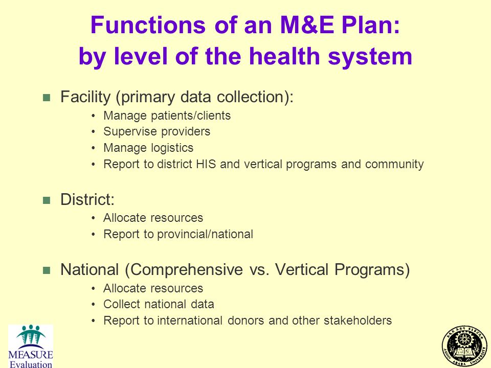 Functions of an M&E Plan: by level of the health system