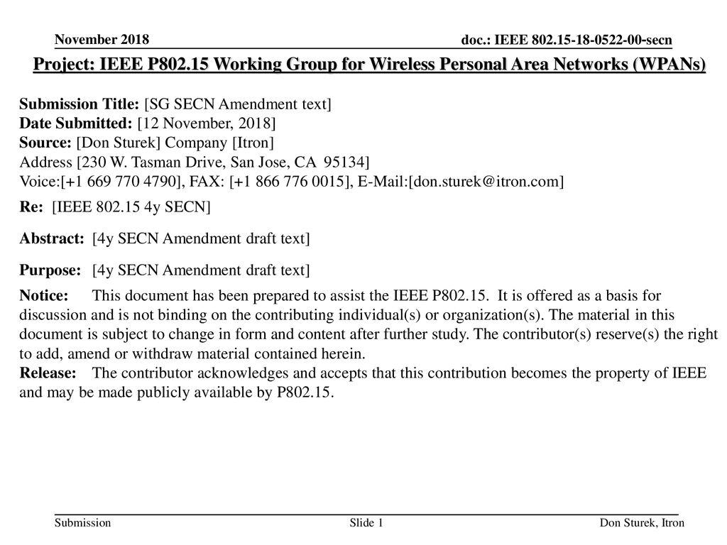 November 2018 Project: IEEE P Working Group for Wireless Personal Area Networks (WPANs) Submission Title: [SG SECN Amendment text]