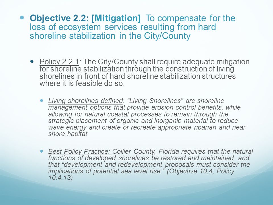 Objective 2.2: [Mitigation] To compensate for the loss of ecosystem services resulting from hard shoreline stabilization in the City/County