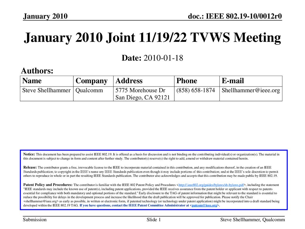 January 2010 Joint 11/19/22 TVWS Meeting
