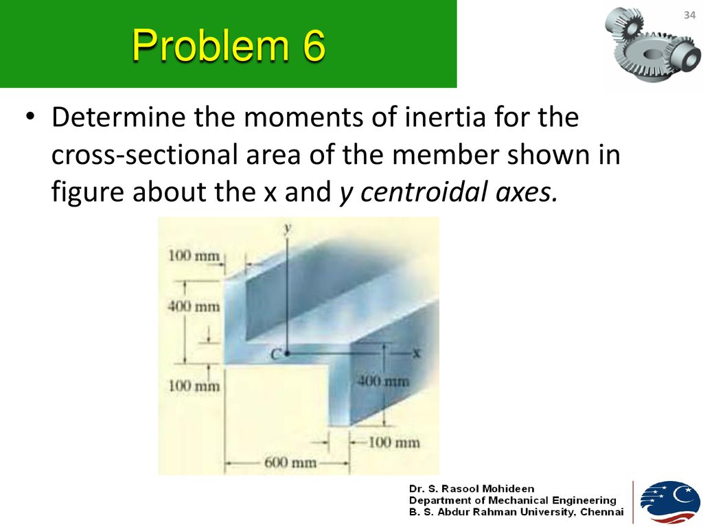 Problem 6 Determine the moments of inertia for the cross-sectional area of the member shown in figure about the x and y centroidal axes.