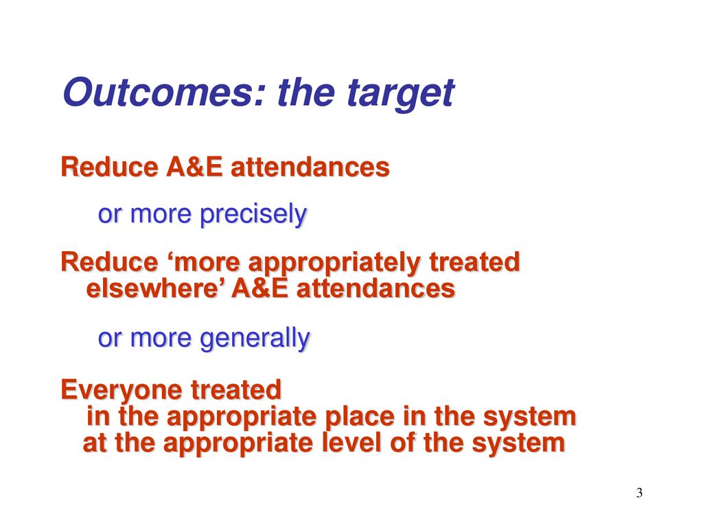 Outcomes: the target Reduce A&E attendances or more precisely