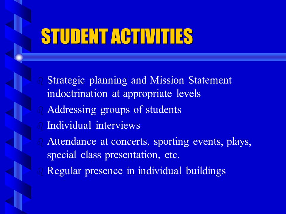 STUDENT ACTIVITIES Strategic planning and Mission Statement indoctrination at appropriate levels. Addressing groups of students.