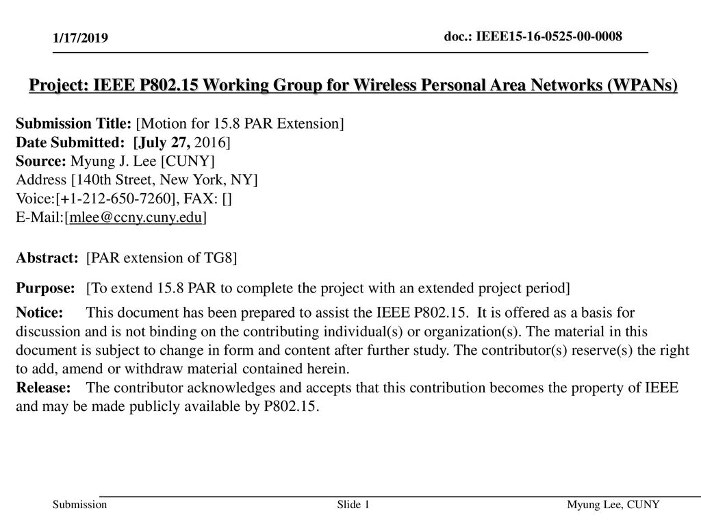 July 2014 doc.: IEEE /17/2019. Project: IEEE P Working Group for Wireless Personal Area Networks (WPANs)
