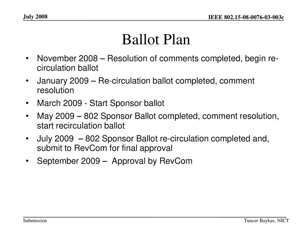 平成31年1月 doc.: IEEE /424r1. July Ballot Plan. November 2008 – Resolution of comments completed, begin re- circulation ballot.