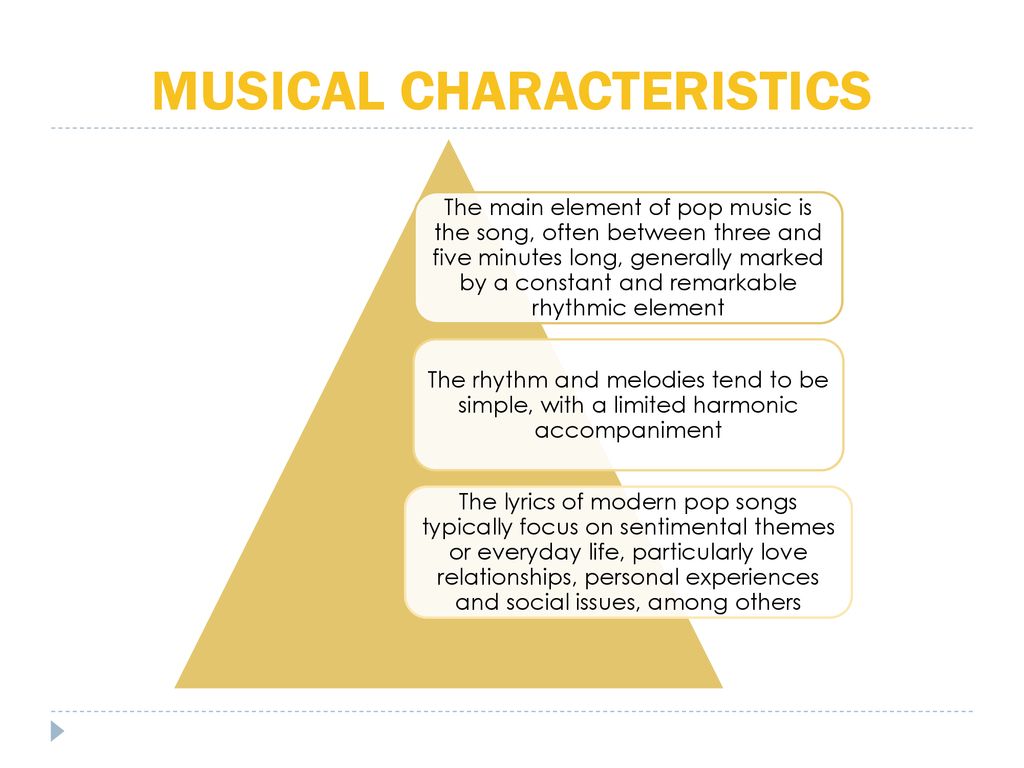 Pop Music Pop music is a genre of popular music that originated in the late  1950s as a derivation of traditional pop Pop» as «a certain type of light  and. - ppt