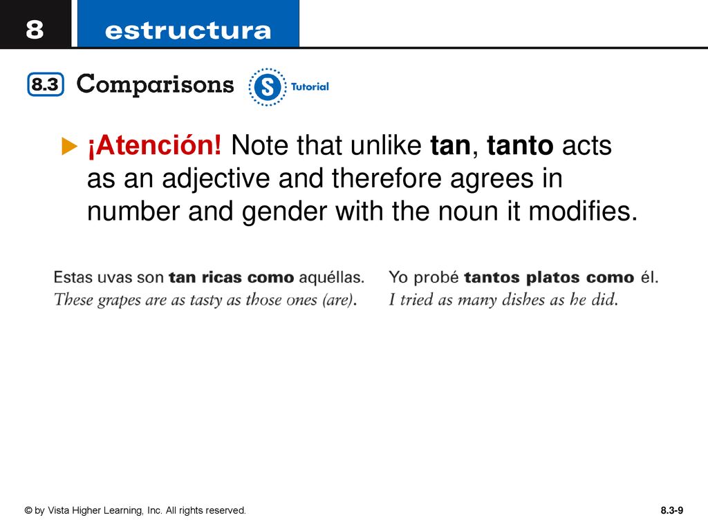 ¡Atención! Note that unlike tan, tanto acts as an adjective and therefore agrees in number and gender with the noun it modifies.