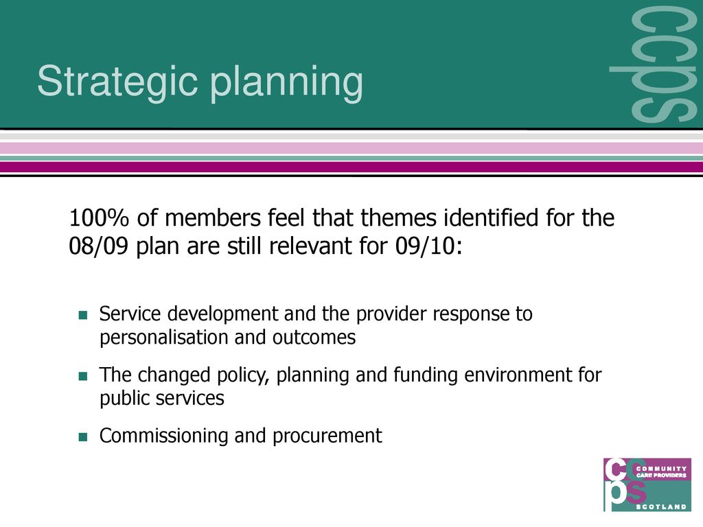 Strategic planning 100% of members feel that themes identified for the 08/09 plan are still relevant for 09/10:
