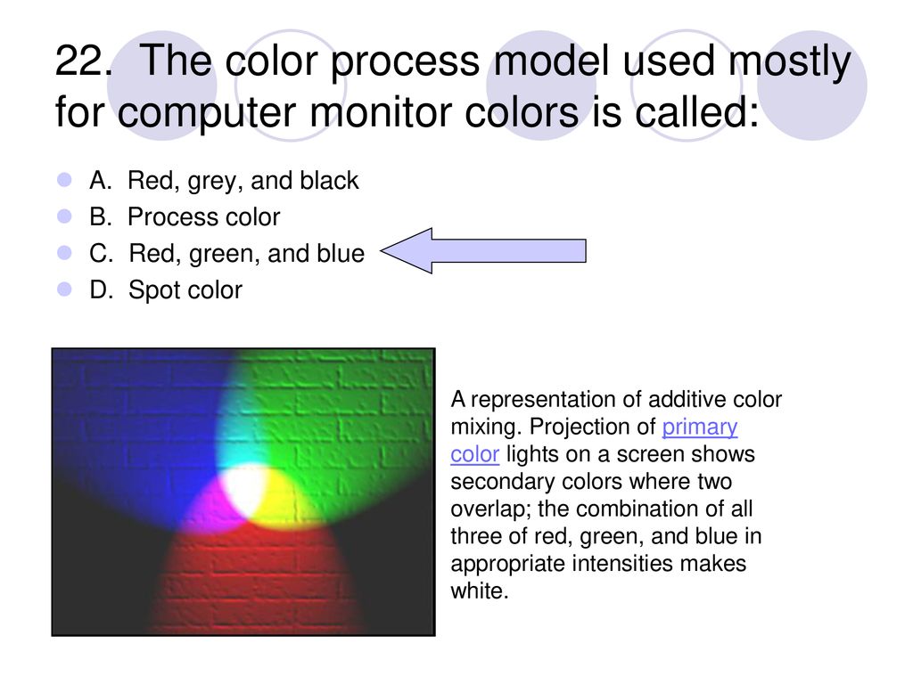 22. The color process model used mostly for computer monitor colors is called: