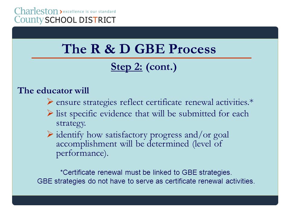 The R & D GBE Process Step 2: (cont.) The educator will
