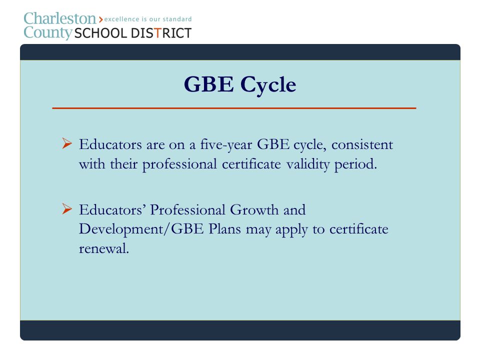 GBE Cycle Educators are on a five-year GBE cycle, consistent with their professional certificate validity period.