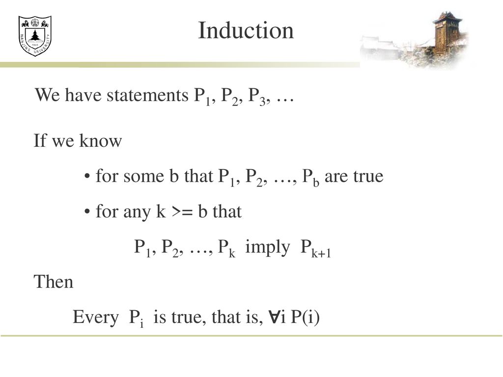 Induction We have statements P1, P2, P3, … If we know